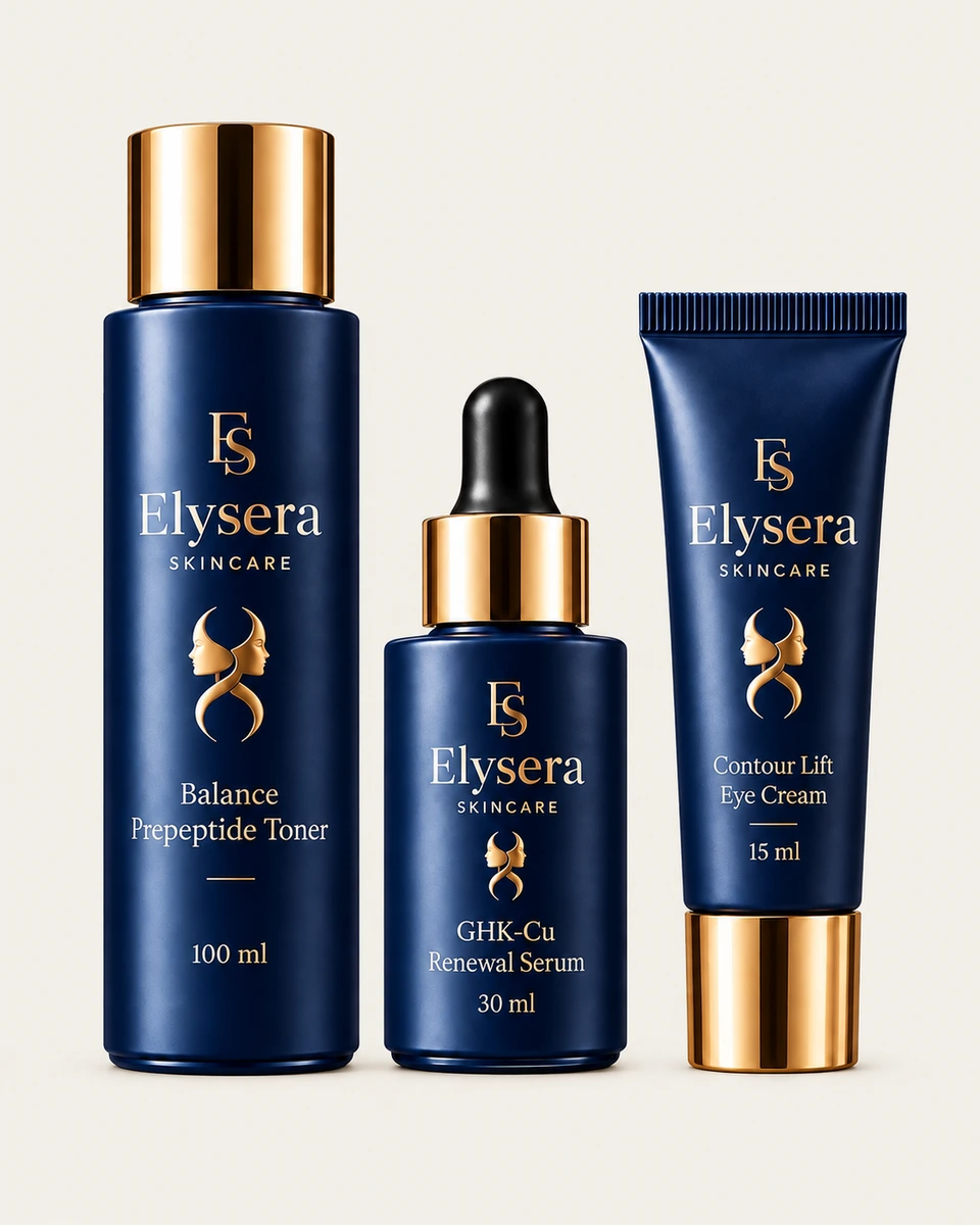 ELYSERA Ritual Set mit Toner, Serum und Augencreme auf beigem Hintergrund
